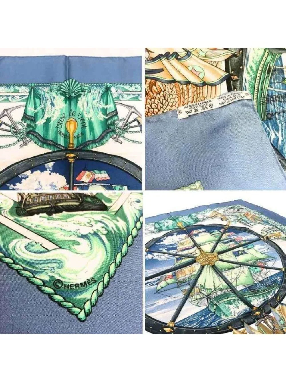Hermes Scarf Carre 90 Vive le Vent Blow the Wind Blue Silk
